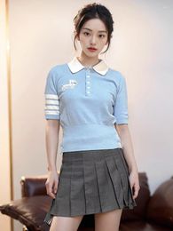 Women's Polos Summer Knit Polo Shirts For Women Blue Color Dog Embroidery Striped Crochet Crop Tops Thin T-Shirt Preppy Tees