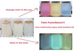 Two Functions 16oz Sublimation Glass Can Glow in the dark Glass UV Colour Changing Glass Tumbler Drinking Glasses With Bamboo Lid A5301279