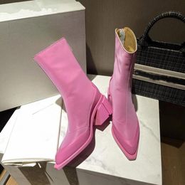 Genuine Leather Pink High Heel Shoes Women Boots Zip Chunky Boot Woman Shoe Pointed Toe Black White Botas Winter6463343