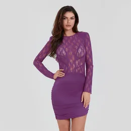 Casual Dresses Women Mini Bodycon Dress Mesh See-Through Lace Patchwork Round Neck Backless Long Sleeve Spring Fall Party Club