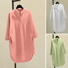 Women's Blouses Mid-length Shirt Stand-up Collar Stand Long Sleeve With Pockets Loose Fit Blouse In Solid