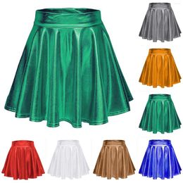 Skirts Women Shiny Metallic Pleated Skirt Stretchy High Waist A-Line Mini For Carnival Party Performance Nightclub Rave Dance