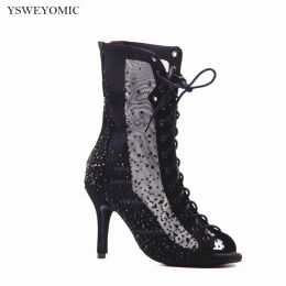 Boots Sparkly Black Rhinestones Bachata Latin Shoes Women High Heel 8.5cm Mesh Nubuck High Quality Soft Insole Girls Latin Dance Shoes