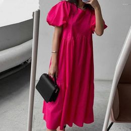 Party Dresses Summer Dress Women Short Sleeve Large Hem Cotton-flax Solid Colour O Neck Elegant Loose Midi Female Clothes