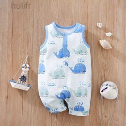 Rompers Summer Boys And Girls Cute Cartoon Whale Full Print Cotton Comfortable Casual Sleeveless Baby Bodysuit d240425