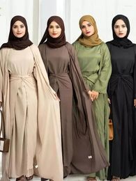 Ethnic Clothing 3 Pieces Abaya Kimono Matching Muslim Sets Linen Open Abayas For Women Dubai Luxury Turkey Hijab Dress Wrap Skirt Islamic