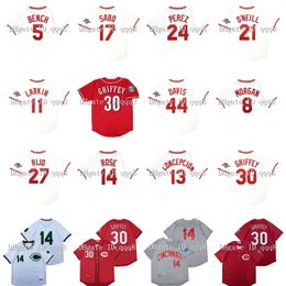 Kob Vintage 1990 Cincinnati Baseball Jersey 30 Ken Griffey Jr. 44 Eric Davis 8 Joe Morgan 11 Barry Larkin 14 Pete Rose 5 Johnny Bench 27 Jose