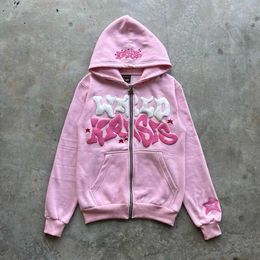 Men's Hoodies Sweatshirts Harajuku pink letter foam hoodie 2024 European and American classic loose casual men and women y2k clothes zip up hoodie 240424
