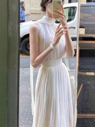 Work Dresses Summer Women's 2-Piece Skirt Set Korea Style Fashion Sleeveless Halter Neck Slim White Dress Suit Fairy Female Clothes Solid