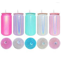 Mugs 50pcs Holographic 16oz Sublimation Glass Cups Tumbler With Diamond Lids Shimmer Glitter Juice Jar Can Beverage Iced Coffee