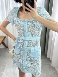 Self Portrait Summer Pure Color Panelled Belted Lace Dress Light Blue Short Sleeve Square Neck Single-Breasted Casual Dresses G4A2315