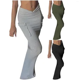 Skirts Pocket Long Skirt Y2K Maxi Women High Waist V Cut Black Bodycon Casual Streetwear Fashion Solid Grey Pencil