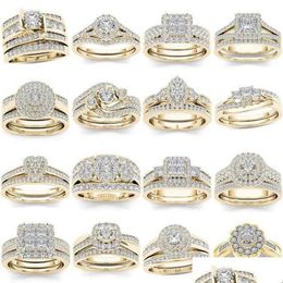 Band Rings 2Pcs Bridal Set Elegant Crystal Engagement Ring Luxury Gold Color Round Heart Zircon For Women Boho Jewelry 2021342Y Drop D Otcm5