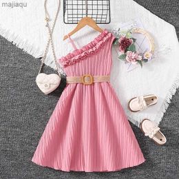 Girl's Dresses 2024 New Summer Dress Pink White Sleeveless Skirt With Diagonal Lace Belt Fashion Vacation Party Daily For 4-12Ys Kids OutfitL2404