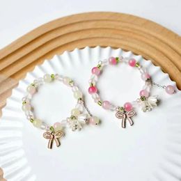 Charm Bracelets Cute Beaded Bracelet With White Flower Bow Gradient 2-color Holiday Gift For Ie