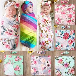 Blankets Born Baby Girl Floral Swaddle Wrap Blanket Cotton Sleeping Bag Headband Set