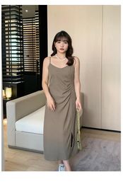 Casual Dresses 2024 Summer Plus-size Women's Solid Color Pleated Slimming Slit Mid-long Halter Dress