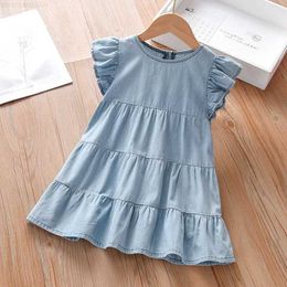 Girl's Dresses Little maven 2024 Baby Girls Summer Blue Dress Denim Children Casual Clothes Cotton Soft and Comfort for KidsL2404
