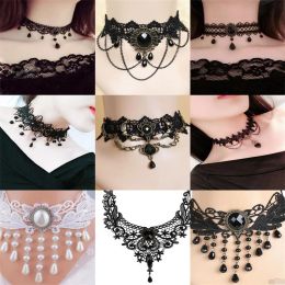 Necklaces Gothic Black Lace Necklace For Women Fashion Retro Clavicle Chain Steampunk Dark Loli Style Halloween Jewellery