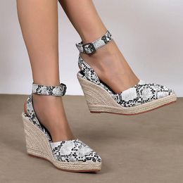 Sandals LIHUAMAO Snake Pattern Style Wedges Women Pointed Toe Slingback Heel Pumps Rope Outsole Comfort Csaual Shoes