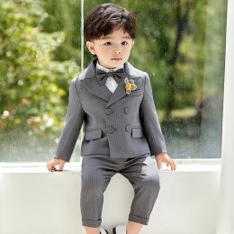 Suits Pinstripe Suit for Boy Kids Fashion Peak Lapel Double Breasted Suit Casual Party Wedding Tuxedo 2 Piece Blazer with Pants