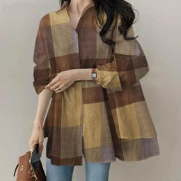 Women's Blouses Plaid Print Top Women Stylish Colorblock Cardigan Trendy Loose Spring/fall Shirt Blouse With Turn-down Collar