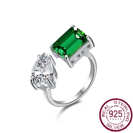 Cluster Rings Foreign Trade S925 Silver Ring Women's Fashionable Temperament Water Droplets Emerald Cut Square High Carbon Diamond Opening