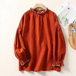 Women's Blouses Johnature 2024 Woman Spring Chinese Style Solid Colour Long Sleeves Casual Shirt Fashion Vintage Loose Cotton Linen