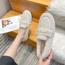 Casual Shoes 2024 Winter Women's Plush Warm Snow Boots Fashion Pearl Design Walking And Work Wear Non-slip Ladies' Flats