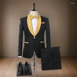 Men's Suits Floral Wedding For Men With Gold Shawl Lapel 2 Pieces Slim Fit Groom Tuxedo Formal Fashion Male Suit Jacket Pants