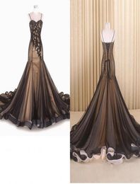 Mermaid Evening dresses Cheap Long 2021 With Spaghetti Straps Applique Lace Corset Back Black Champagne prom Formal Dress Gowns7385826