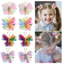 Accessories 2pcs/lot Kids Butterfly Hair Clips Girls Gradient Flocking Hairpin Rianbow Ribbon Barrettes Children Boutique Hairgrips Headwear