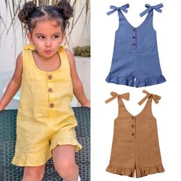 Rompers 1-6Y New Baby Girl Cotton Linen Clothes Girls Ruffle Romper Kids Jumpsuit Summer Sleeveless Button Overalls Outfits d240425