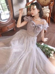 Party Dresses Luxury Bow Evening Dress Women Off The Shoulder Slip Sequins Stars Tulle Long Formal Stage Performance Gown