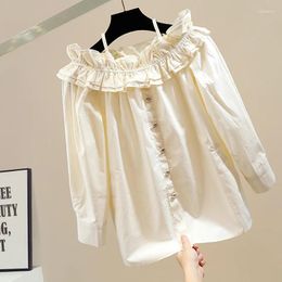 Women's Blouses Sweet Pleated Off-Neck Pullover Braces Long Sleeve Shirt Loose Blouse Top Fashion Ruffles Shirts Autumn Clothing Blusas