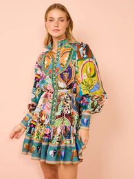 Casual Dresses Women Retro Holiday Colourful Printed Mini Dress Long Sleeve Stand Collar Buttons Ladies Vestidos Hawaii Beach Robe