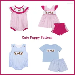 Clothing Sets Boutique Baby Kids Girl Pink Short Sleeved Boy Blue T-shirt Set Round Neck Puppy Embroidery Top Clothes And Latice Suit