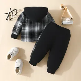 Clothing Sets Kids Toddler Boys Girls Long Sleeve Button Down Hooded Plaid Shirt Hoodie Jacket Solid Color Pant Outfit Fall Clothes