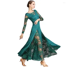 Stage Wear Sexy Lace Ballroom Dance Dress For Woman Long Sleeves Waltz Tango Dresses Standard Black/red/blue/green