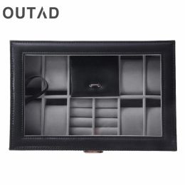 Cases OUTAD 2 In One 8 Grids+3 Mixed Grids PU Leather Watch Case Storage Organiser Box Luxury Jewellery Ring Display Watch Boxes Black