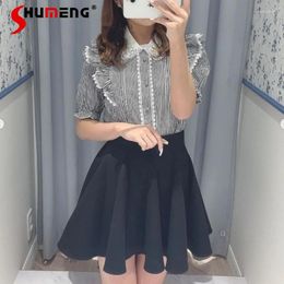 Skirts Japanese Style Sweet Pleated Short Skirt 2024 Spring Elegant Pure Colour High Waist Stitching Slim Large Hem A- Line