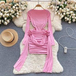 Casual Dresses Design 3D Flower Fold Waist Slimming Party Dress Women Chic Sexy O-Neck Package Hip Long-sleeved Vestidos