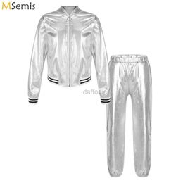 Stage Wear Kids Girls Shiny Metallic Jacket Bomber Coat Outerwear with Pants Suit for Hip Hop Jazz Dance Stage Performance Streetwear d240425