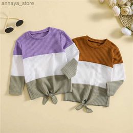 T-shirts Kids Girls T-shirt Toddler Casual Long Sleeve Crew Neck Contrast Colour Knotted Fall Tops Clothes Children Cotton T-shirtL2404