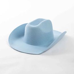 Wide Brim Hats Bucket Hats Wool cowboy hat blue mens and womens jazz hat European and American fashion casual rolled edge wool felt cowboy hat Y240425