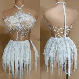 Stage Wear Sexy Fringe Women Sheer Dress Dance Outfit White Snow Backless Pearls Stunning Stage Singer Wear Drag Costume d240425