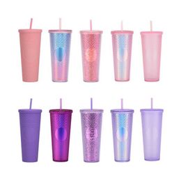 Tumblers Double Wall 710ml 24oz Noctilucence Plastic Diamond Tumbler Bling Studded Straw Cold Cup With No AB Colour H240425