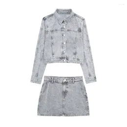 Work Dresses 2024ZAR Spring/Summer Women's Fashion And Temperament Artificial Pearl Decoration Denim Jacket Half Skirt