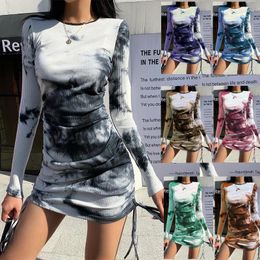 Casual Dresses Women's Autumn Sexy Print Tie-dye Long-sleeved Ruffled Slim Fit Dress Ladies Party Plus Size Drawstring Mini