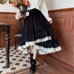 Skirts Fashion Cute Ruffles Midi Skirt Ladies Velvet Korean High Waist Japanese Women Autumn Winter Lace Long